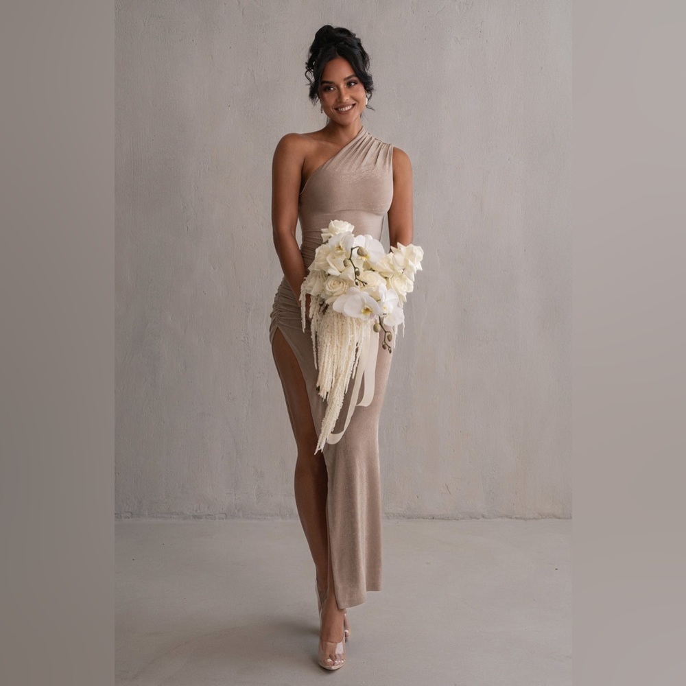 JLUXLABEL One-Shoulder Taupe Ruched High-Slit Maxi Dress